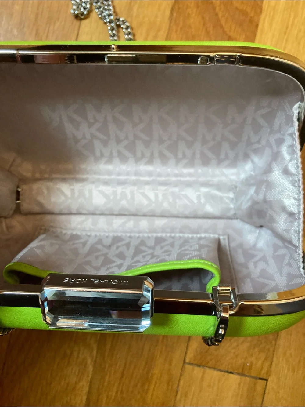 Michael Kors Lime Green Chain Strap Clutch with white bag protector